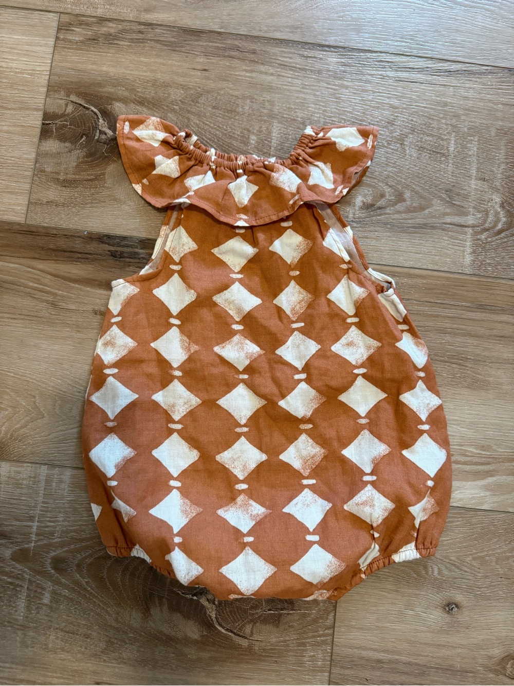 Rylee + Cru Rust Orange and Cream Diamond Romper with Ruffled Collar